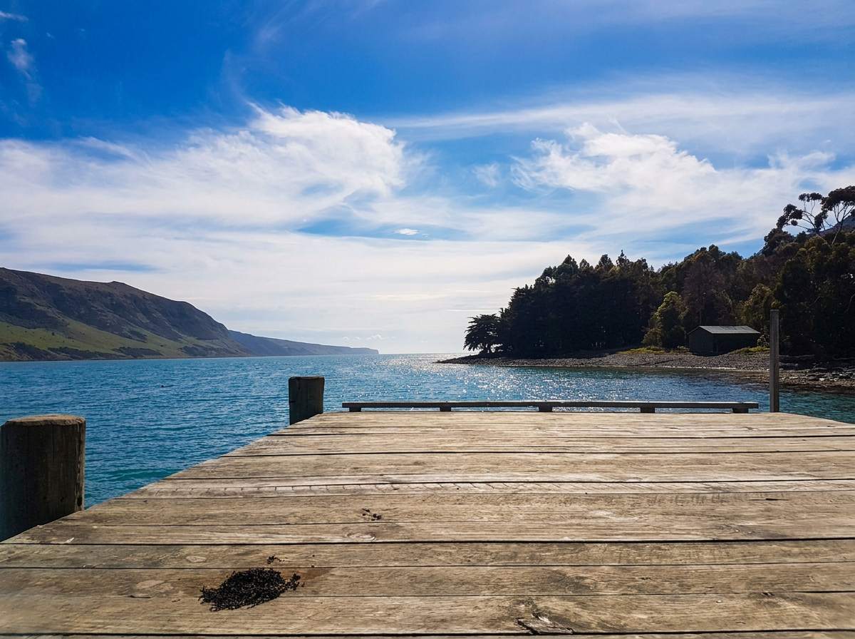 Calm view from a wooden jetty over Pigeon Bay, Banks Peninsula